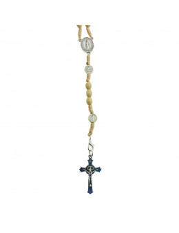Chapelet St Benoit, corde et perles ovales en bois clair