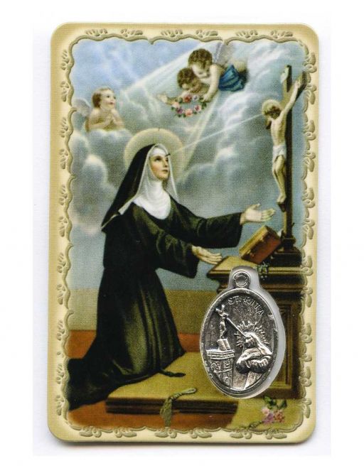 Carte plastifiée - Sainte Rita - Médailles argenté - Prière - 11 x 6 cm