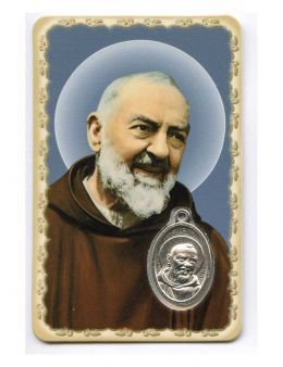 Carte plastifiée - Padre Pio - Médailles argenté - Prière - 11 x 6 cm