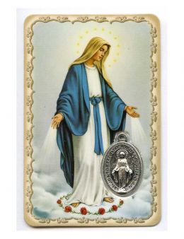 Carte plastifiée - Vierge Miraculeuse - Médailles argenté - Prière - 11 x 6 cm