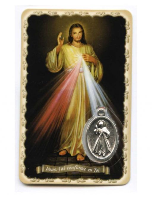 Carte plastifiée - Christ Miséricordieux - Médailles argenté - Prière - 11 x 6 cm