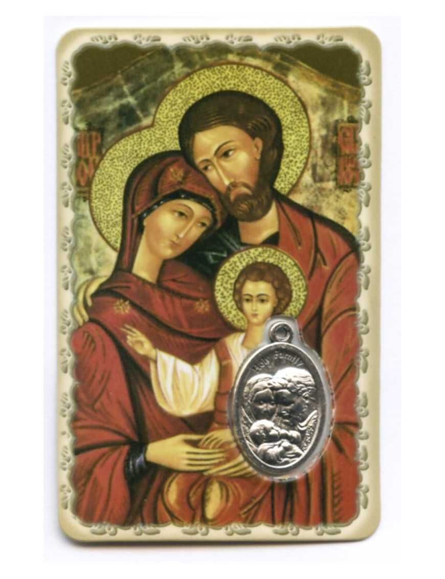 Carte plastifiée - Sainte Famille- Médailles argenté - Prière - 11 x 6 cm