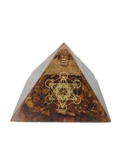 Pyramide Orgonite en Œil de Tigre avec symbole metatron - L. 8 cm