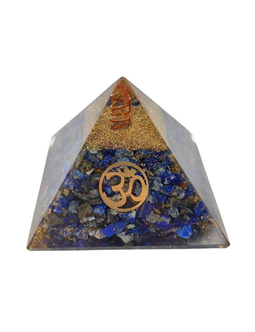 Pyramide Orgonite en Lapis-lazuli avec symbole OM - L. 8 cm