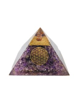 Pyramide Orgonite en Améthyste avec fleur de vie - L. 10 cm