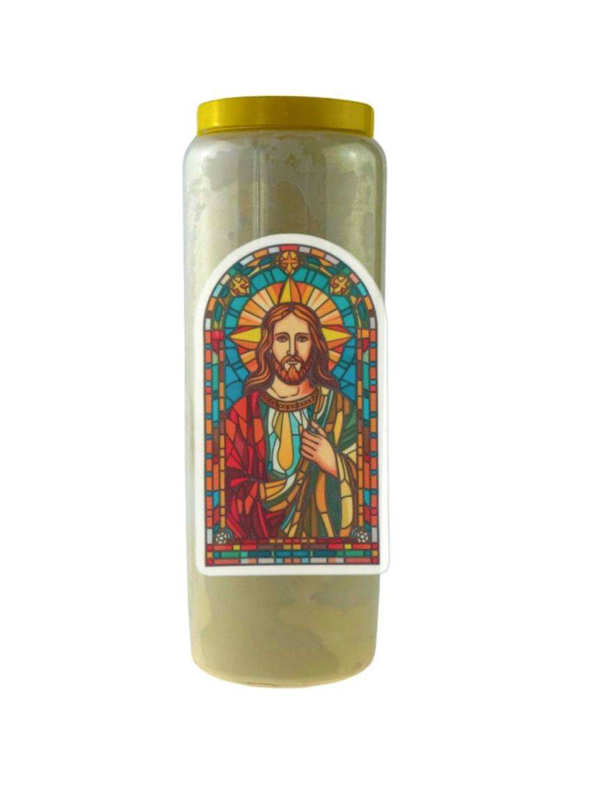 Bougie Veilleuse Blanche 9 jours AutocollantJésus-Christ en vitrail 3 - 7x12cm