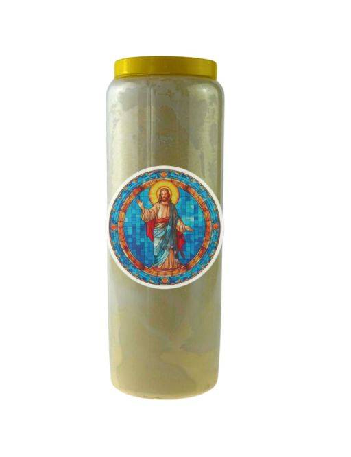 Bougie Veilleuse Blanche 9 jours AutocollantJésus-Christ en vitrail 4 - 12x12cm Bougie Veilleuse Blanche 9 jours AutocollantJésus-Christ en vitrail 4 - 12x12cm