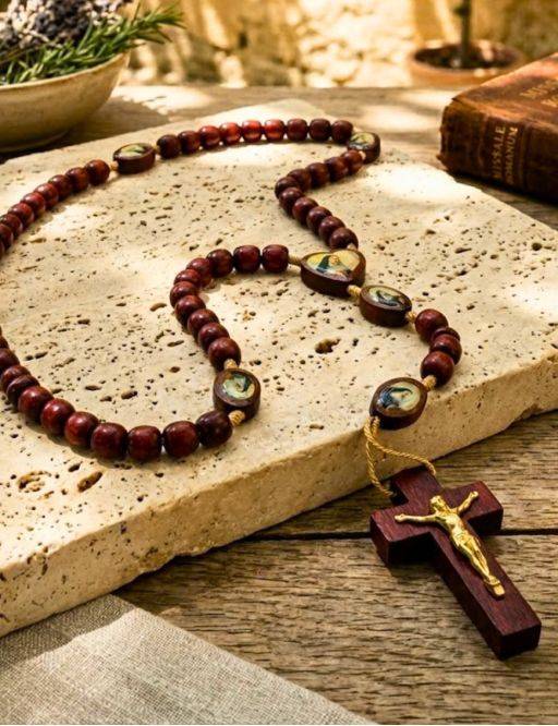 Chapelet corde de Sainte Rita avec perles en bois et médaillons illustrés