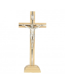 Croix sur socle avec Christ métal 32cm clair