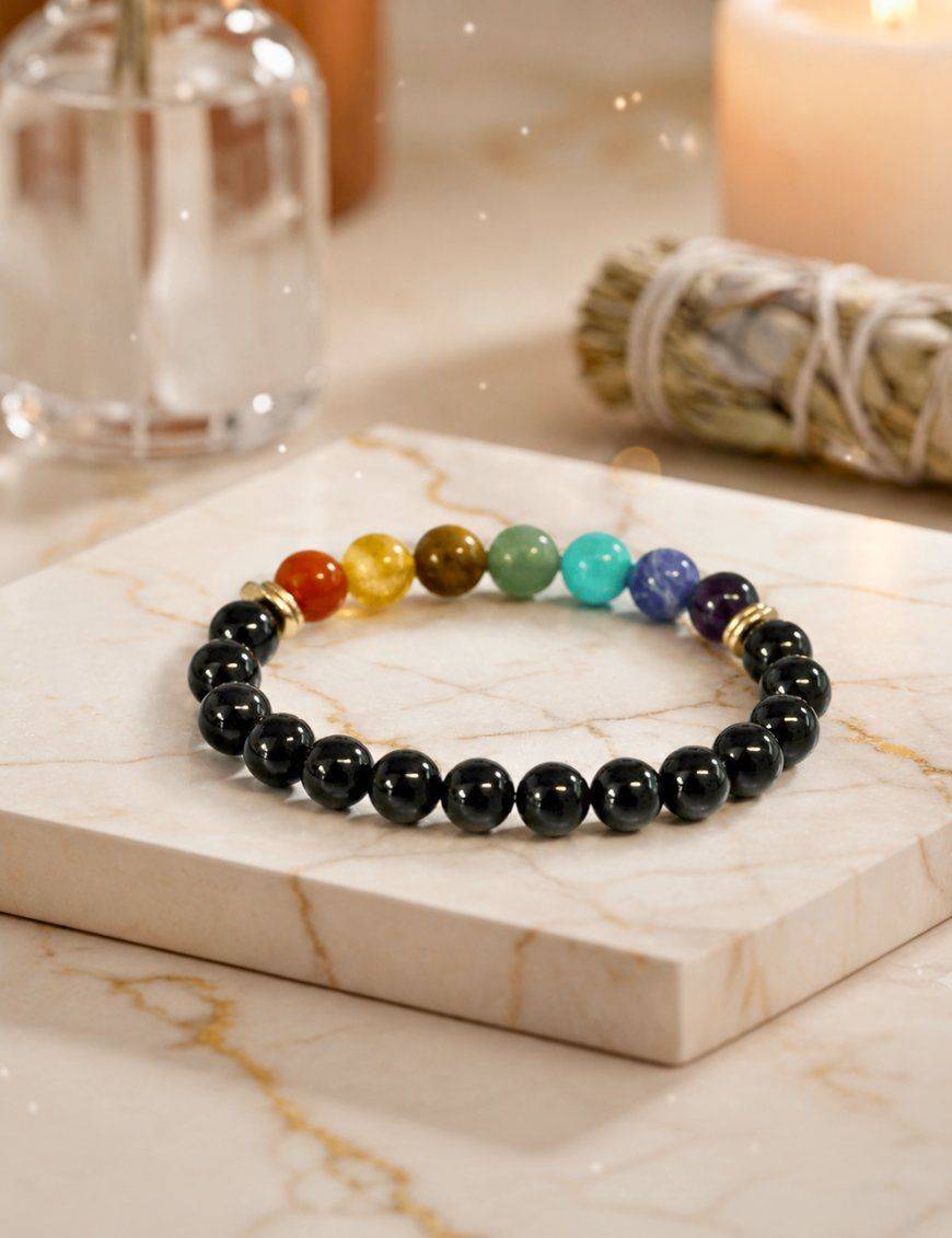 Bracelet perles 8mm - Onyx noir - 7 chakras