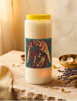 Bougie Veilleuse Blanche 9 jours Autocollant Saint Michel 1 - 11x11.5cm