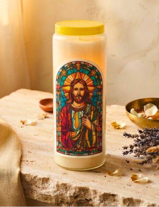 Bougie Veilleuse Blanche 9 jours AutocollantJésus-Christ en vitrail 3 - 7x12cm