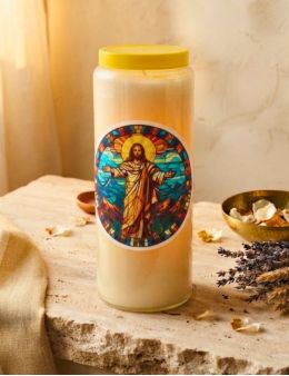 Bougie Veilleuse Blanche 9 jours AutocollantJésus-Christ en vitrail - 11cm