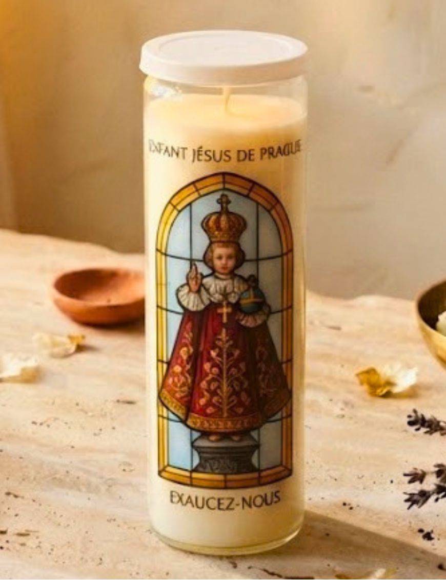 Bougie de neuvaine vitrail Enfant Jésus de Prague