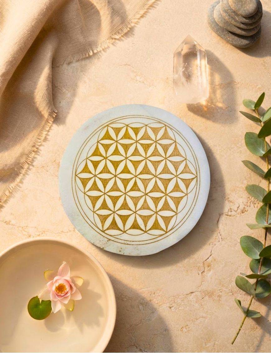 Plaque de rechargement - Sélénite - Fleur de vie - 8 cm