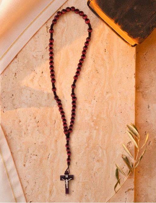 Chapelet dominicain en bois bordeaux, sur corde
