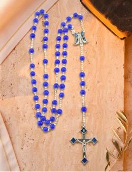 Chapelet chaîne avec perles de verre bleu, coeur smalto et Vierge Miraculeuse