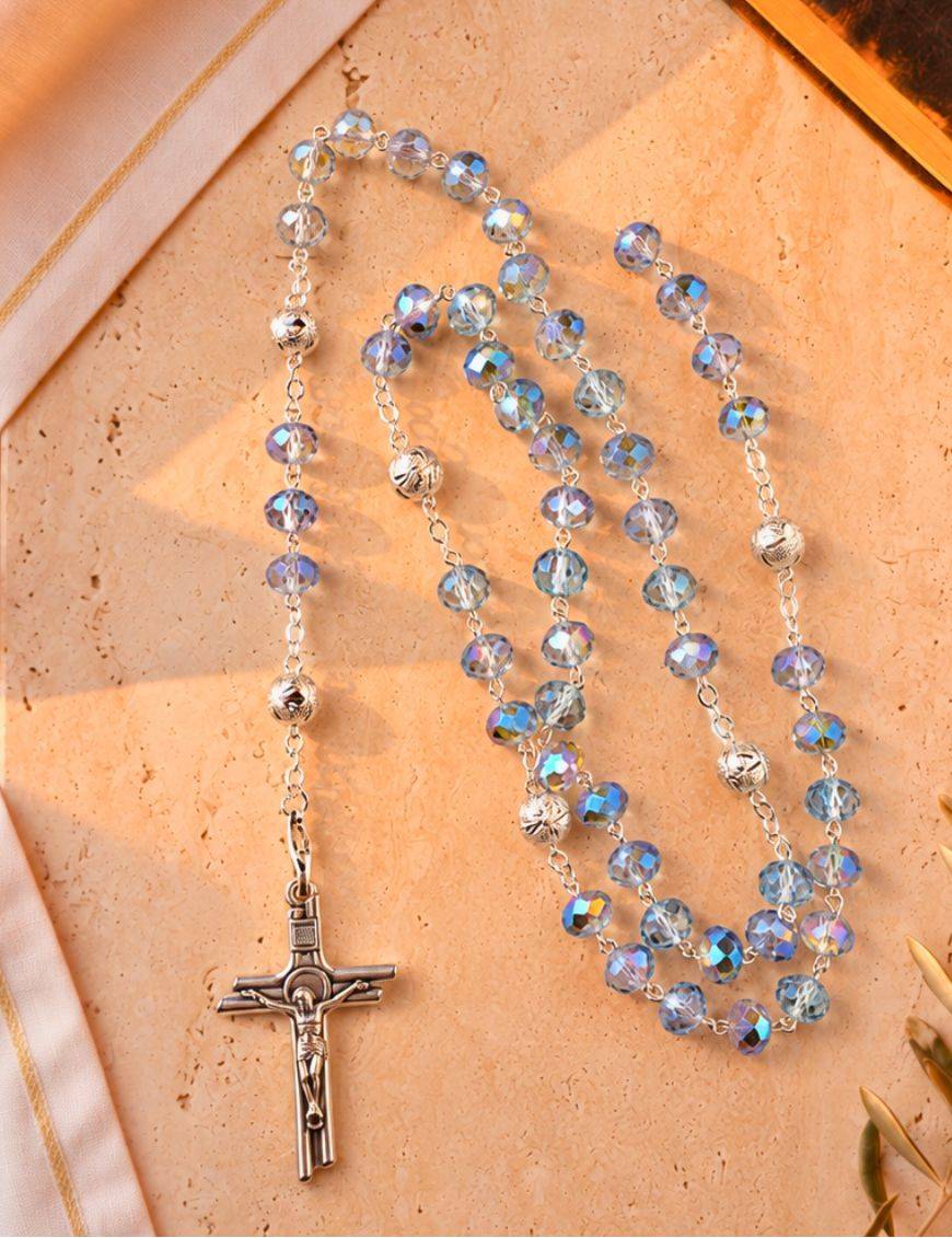 Chapelet Chaine - Crucifix - Perles Bleu-Mauves