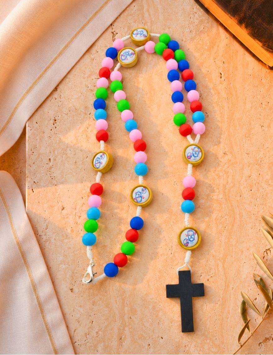 Chapelet avec perles multicolores en résine et mousqueton