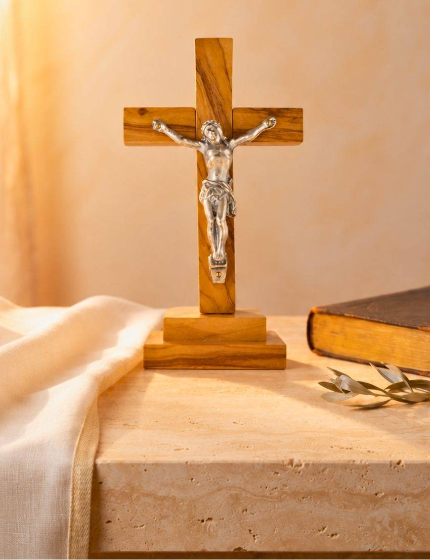 Crucifix sur pied / calvaire / croix bois d'olivier 13 cm