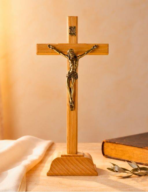 Crucifix sur pied / calvaire / croix en bois clair 22 cm