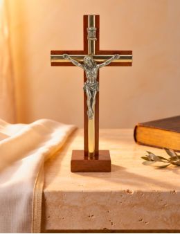 Calvaire / Crucifix / Croix bois foncé et métal argenté 14 cm