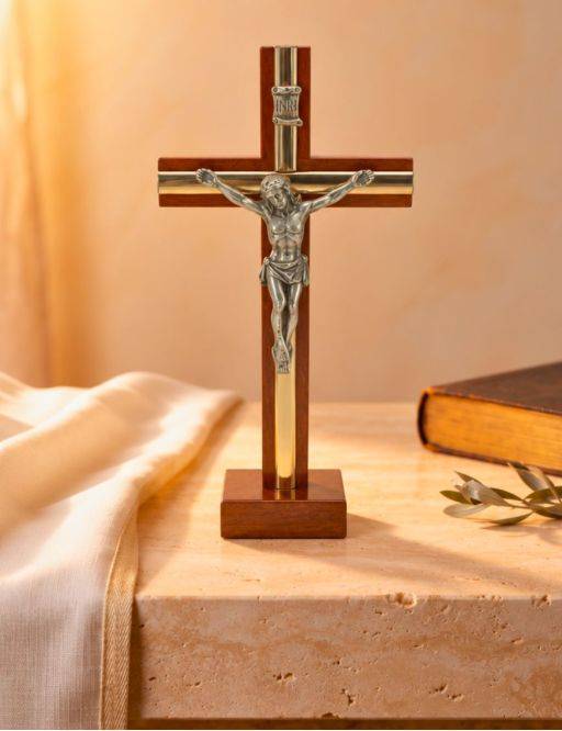 Calvaire / Crucifix / Croix bois foncé et métal argenté 14 cm