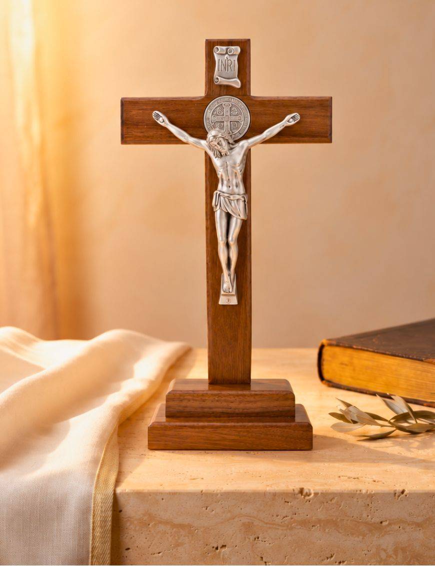 Calvaire / Crucifix / Croix sur pied en bois couleur ébène et christ et croix de St Benoit en métal argenté 28 cm