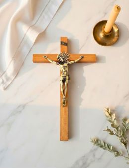 Grand crucifix bois, Christ métal bronze, 43 cm