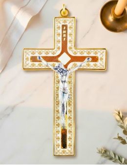 Crucifix métallique avec émail blanc et Christ