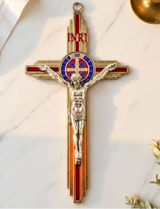 Crucifix métal 19cm rayons St Benoit.rouge