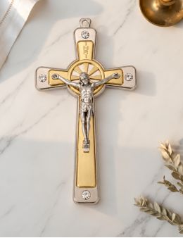 Crucifix / croix métal argenté et doré avec brillants 12 cm