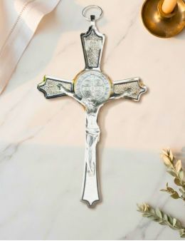 Crucifix / Croix de Saint Benoit métal chromé 20 cm