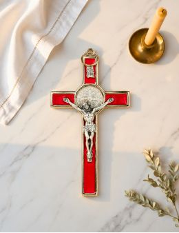 Crucifix / Croix de Saint Benoit en métal chromé et émail coloré 13 cm