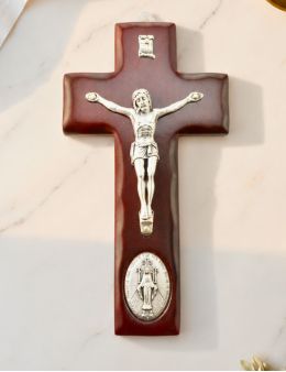 Crucifix / Croix bois orné médaille Vierge Miraculeuse