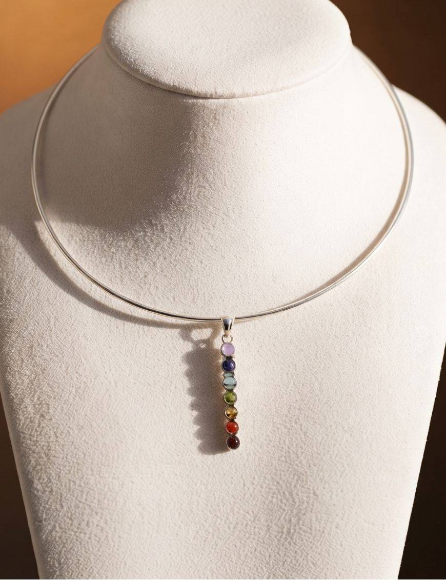 Pendentif argent pierres des chakras long