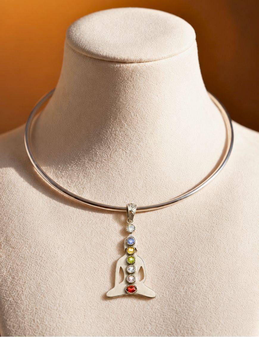 Pendentif Yogi 7 chakras, argent 925 et pierres serties