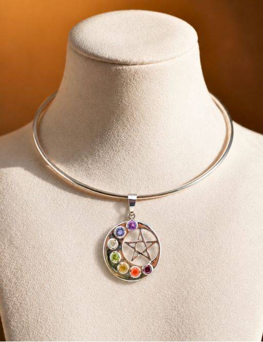 Pendentif Lune et Etoile 7 chakras - argent et pierres