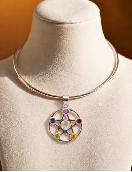 Pendentif Etoile 7 chakras - argent et pierres