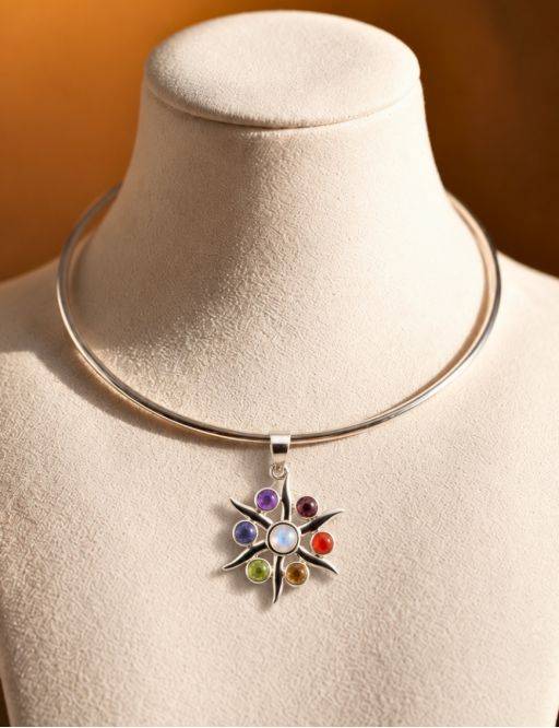 Pendentif Soleil 7 chakras - argent et pierres