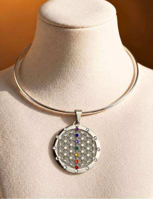 Pendentif plaqué Argent soleil - 7 chakras - Linéaire