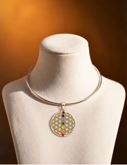 Grand Pendentif plaqué Argent - 7 chakras - Linéaire