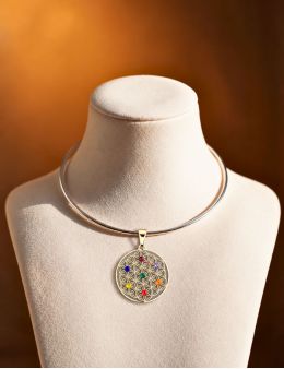 Grand Pendentif plaqué Argent - 7 chakras - Hexagonal