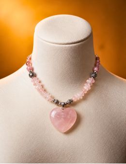 Collier pendentif coeur Quartz rose et perles baroques