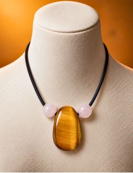 Collier corde et pierres, composition unique Oeil de tigre et quartz rose