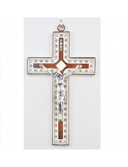 Croix métallique avec émail blanc et Christ