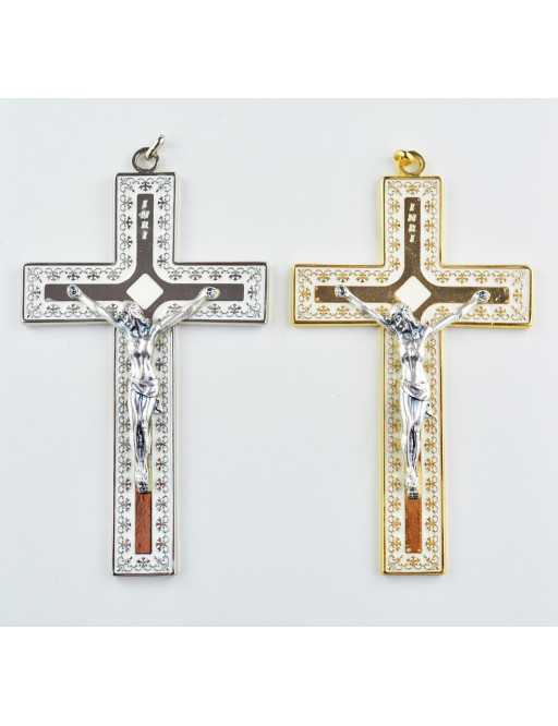 Croix métallique avec émail blanc et Christ