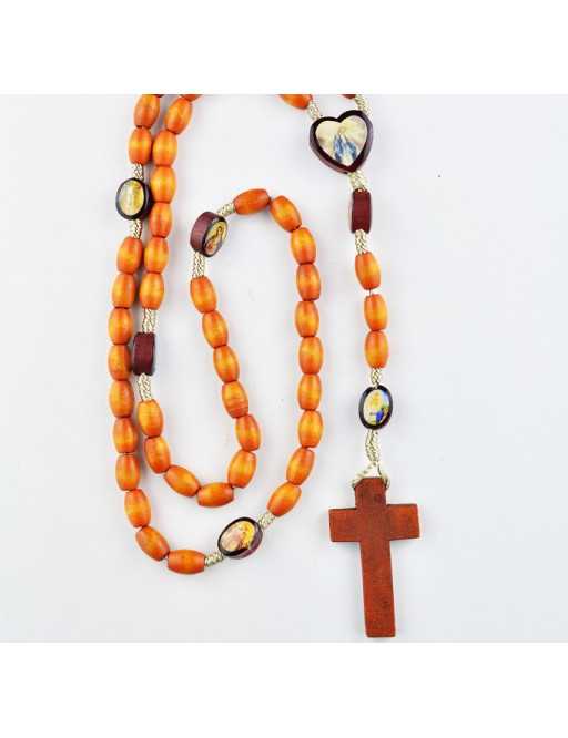 Chapelet corde avec images de saint et perles bois ovales