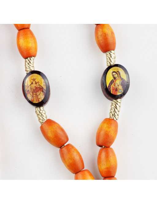 Chapelet corde avec images de saint et perles bois ovales