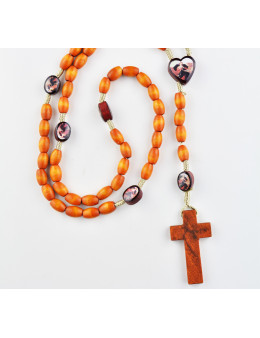 Chapelet corde avec images de saint et perles bois ovales